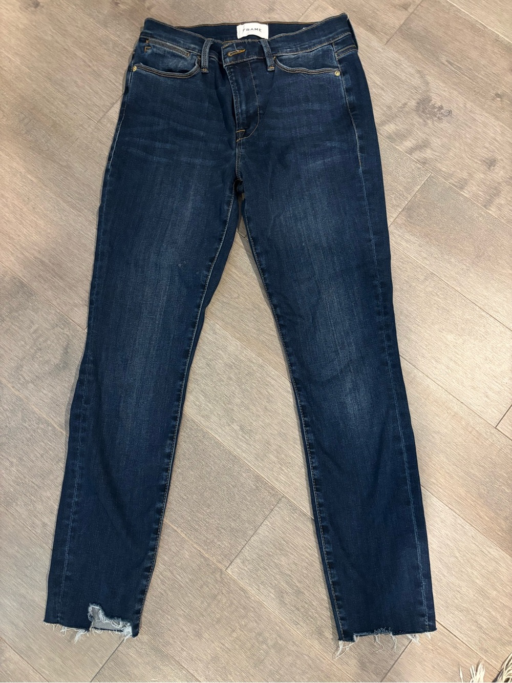 Frame Denim Dark Indigo Cropped Skinny Jeans with Frayed Hem
